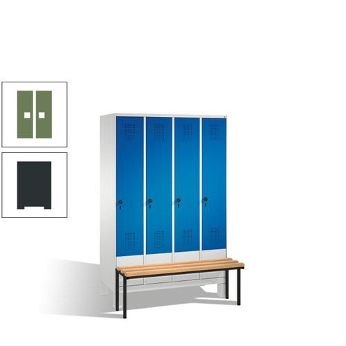 Stahl-Garderobenschrank, Spind, Buche Sitzbank vorgebaut, 4 Abteile a 300 mm, Korpus Lichtgrün, Tür Schwefelgelb, 1.850 x 1.200 x 815 mm (HxBxT)