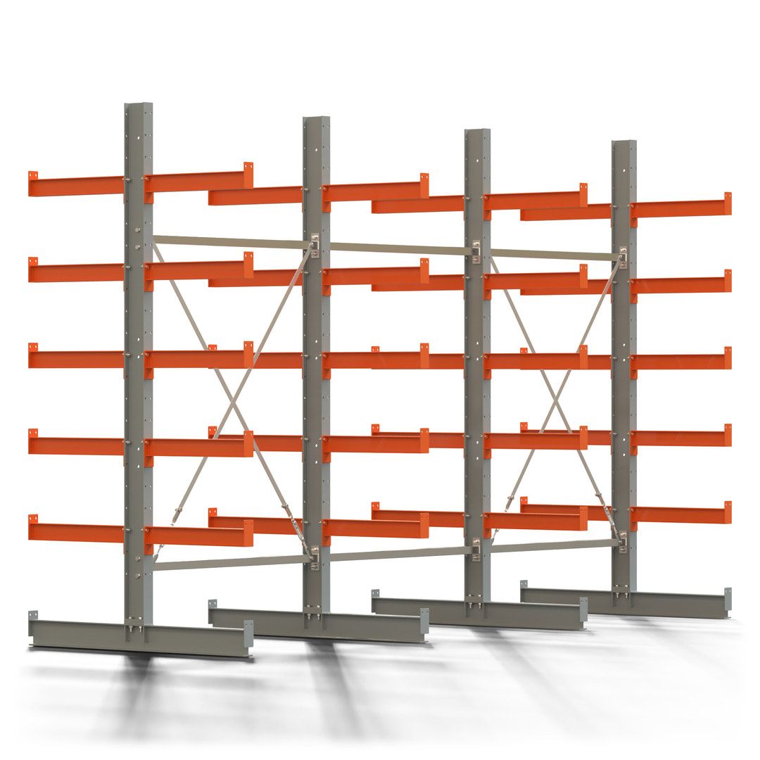 Doppelseitiges Kragarmregal, 2 Felder, 2.500 x 2.560 x 1.120 mm (HxBxT), Nutztiefe 500 mm, Kragarmlast 870 kg, KARL basic, silbergrau/reinorange