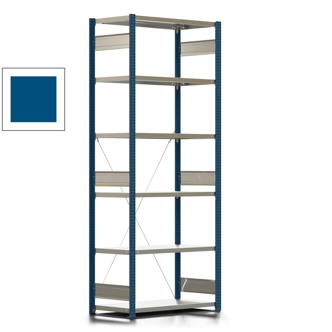 Fachbodenregal mit Tiefenriegel - 350 kg - 2.500 x 1.005 x 526 mm (HxBxT) - Anbauregal - 6 Böden - enzianblau - Lagerregal - Steckregal BERT