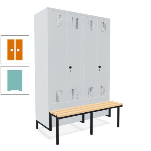 Doppel-Spind, Garderobenschrank, Buche Sitzbank integriert, 4 Abteile 300 mm, Korpus anthrazitgrau, Tür anthrazitgrau, 1.850 x 1.200 x 815 mm (HxBxT)