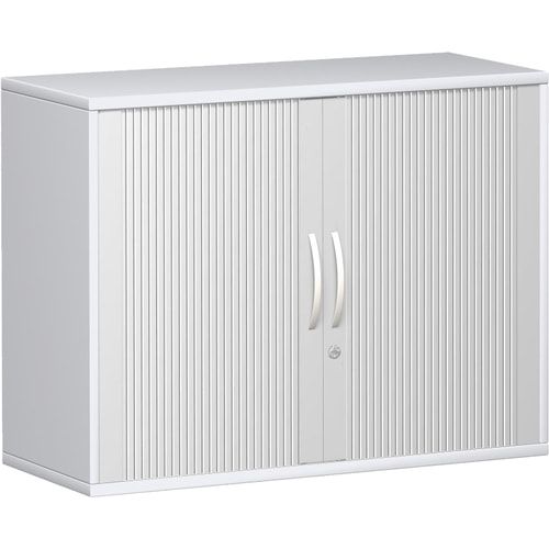 Anstell-Querrollladenschrank, Dekoreinlageboden, Stellfüße, abschließbar, 720 x 1.000 x 425 mm (HxBxT), Korpusfarbe Ahorn, Frontfarbe silber