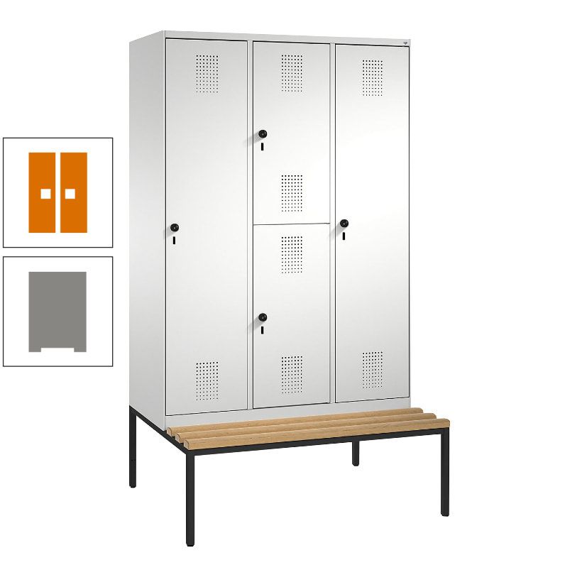 Garderobenschrank, Spind ein- und doppelstöckig Sitzbank, 3 Abteile, 4 Fächer, 2.090x1.200x500 mm (HxBxT), Front anthrazitgrau, Korpus anthrazitgrau
