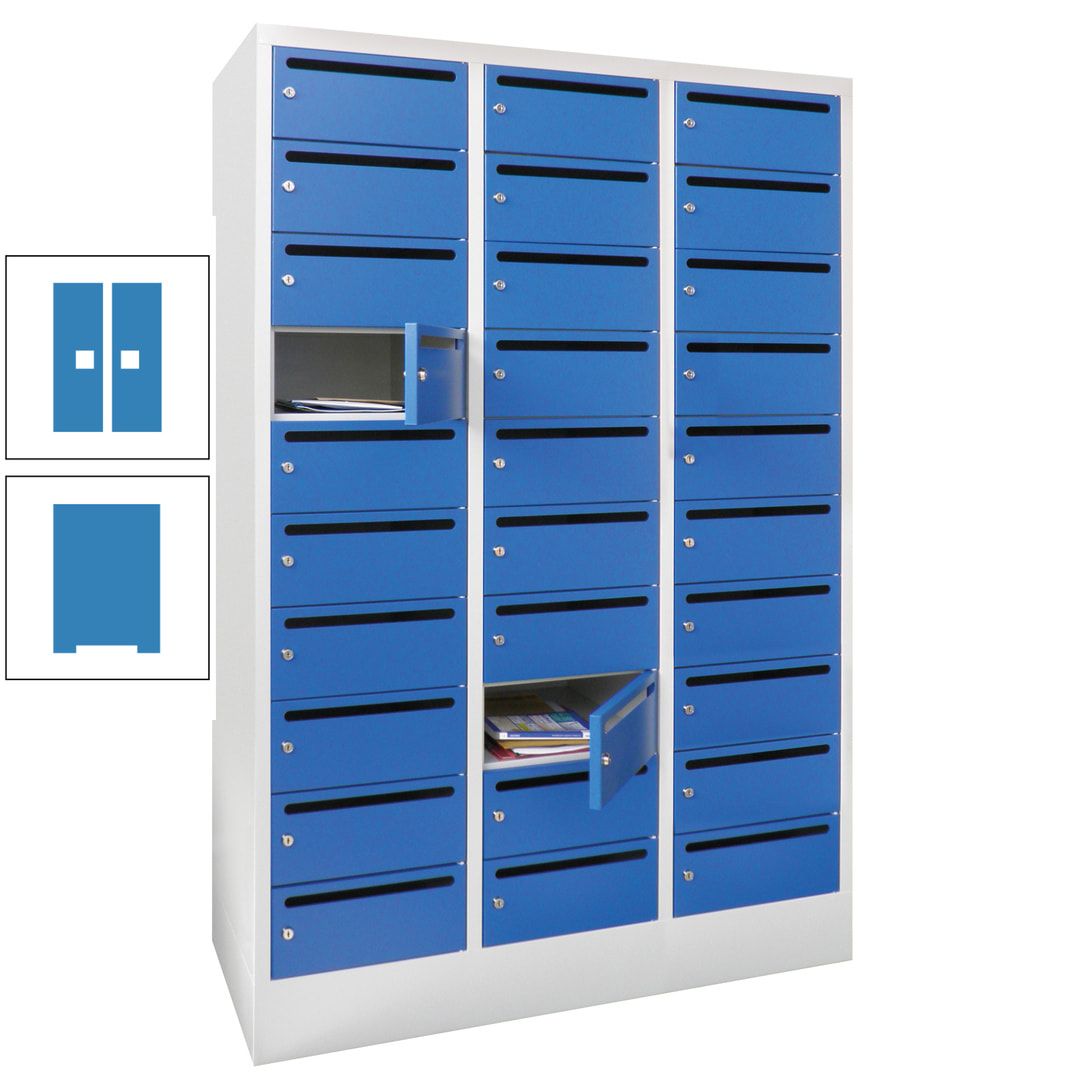 Postverteilerschrank, Schließfachschrank, 3 Abteile a 300 mm, 30 Fächer, 1.850 x 900 x 500 mm (HxBxT), Korpus anthrazitgrau, Front anthrazitgrau