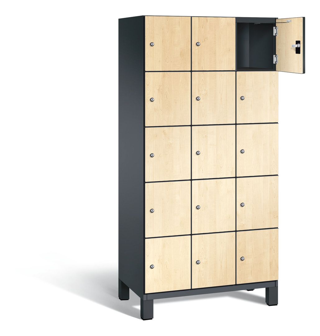 Fächerschrank, Stahlschrank, 15 Fächer, Türöffnungsbegrenzer, Füße, 1.980 x 900 x 525 mm, Korpus anthrazitgrau, Dekorfront HPL Donau-Ahorn