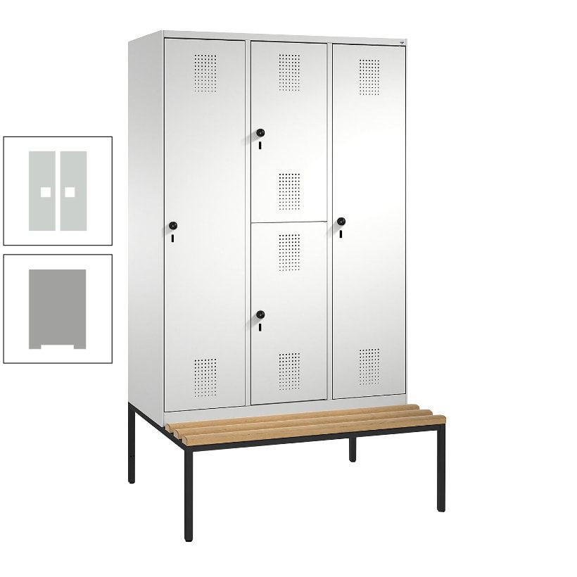 Garderobenschrank, Spind ein- und doppelstöckig Sitzbank, 3 Abteile, 4 Fächer, 2.090x1.200x500 mm (HxBxT), Front anthrazitgrau, Korpus anthrazitgrau