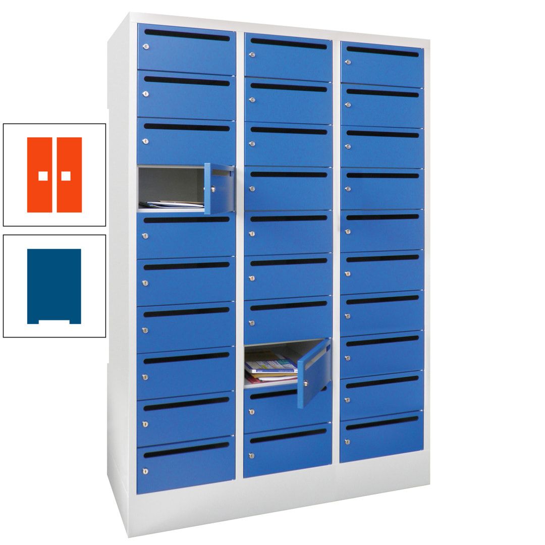 Postverteilerschrank, Schließfachschrank, 3 Abteile a 300 mm, 30 Fächer, 1.850 x 900 x 500 mm (HxBxT), Korpus anthrazitgrau, Front anthrazitgrau
