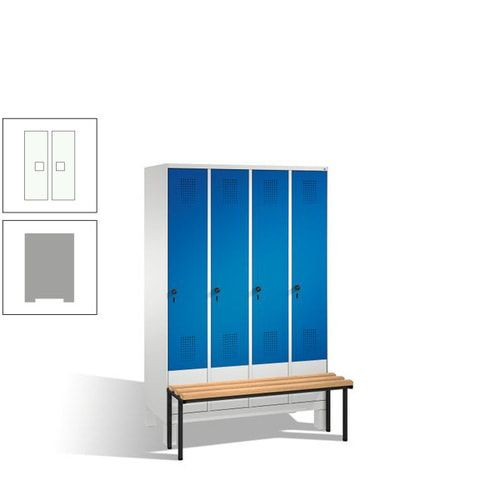 Stahl-Garderobenschrank, Spind, Buche Sitzbank vorgebaut, 4 Abteile a 300 mm, Korpus Lichtgrün, Tür Schwefelgelb, 1.850 x 1.200 x 815 mm (HxBxT)