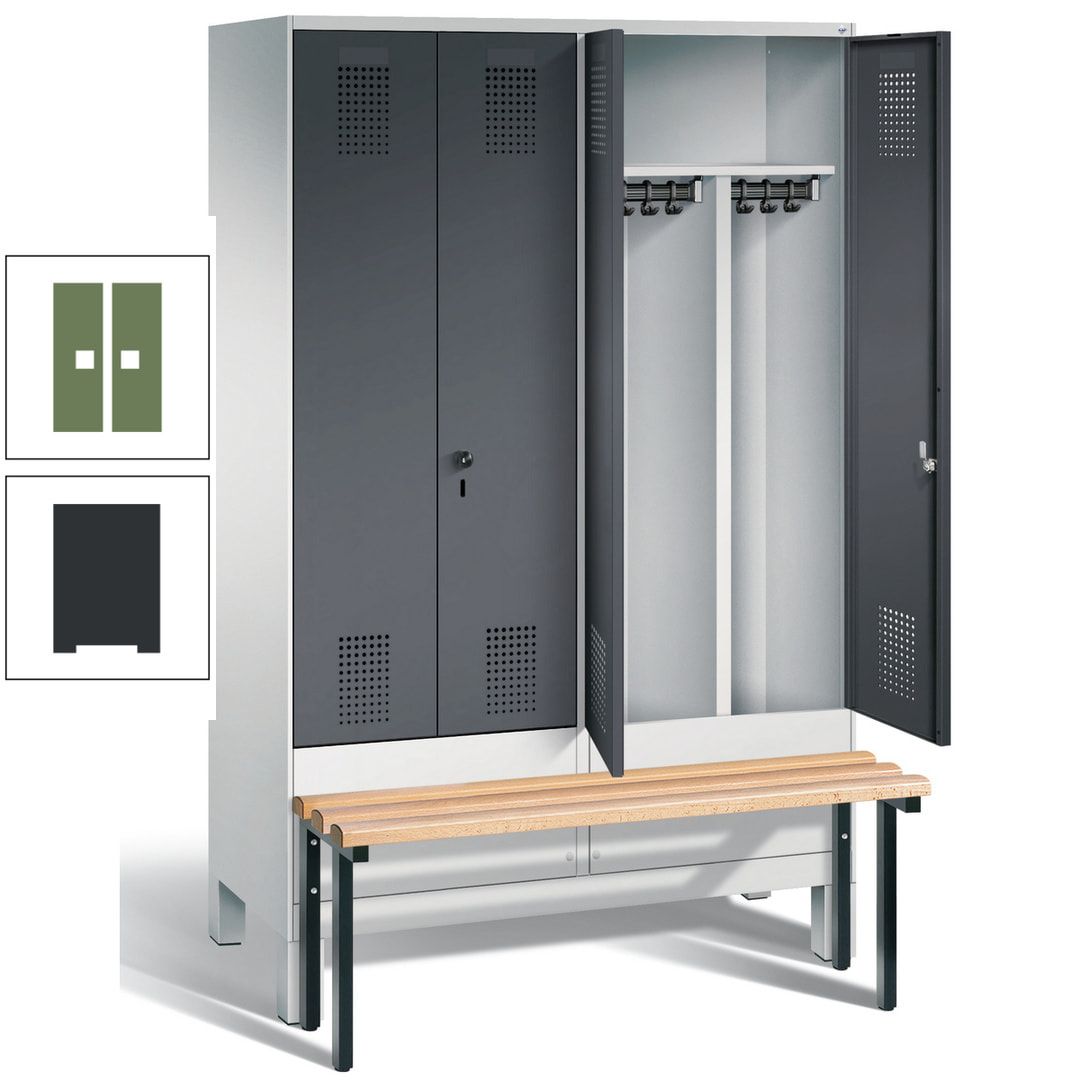 Doppel-Spind, Garderobenschrank, Buche Sitzbank vorgebaut, 4 Abteile a 300 mm, Korpus feuerrot, Tür Wasserblau, 1.850 x 1.200 x 815 mm (HxBxT)