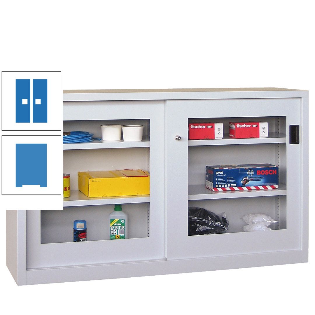 Schiebetürenschrank - Sichtfenstertüren - 1.000x1.500x600 mm (HxBxT) - 4 Böden, verzinkt - Zylinderschloss - anthrazitgrau