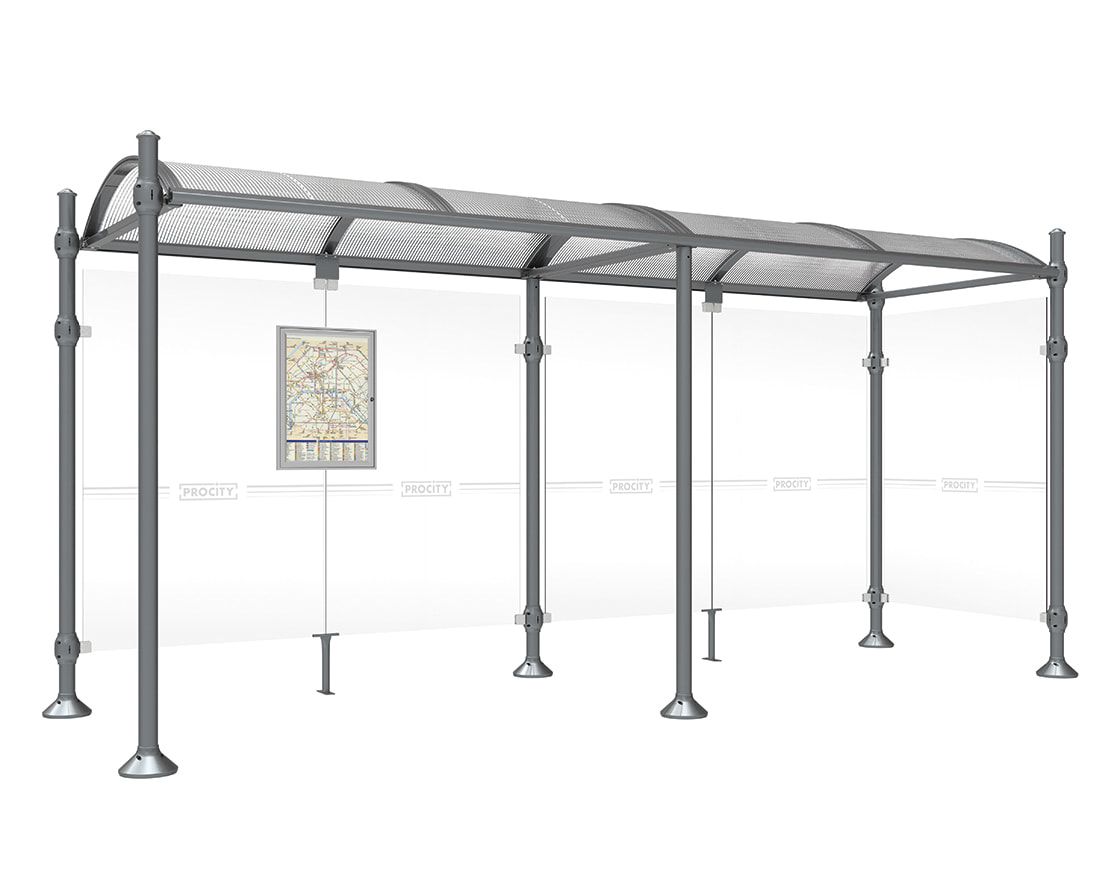 Buswartehalle, Unterstand, 2 Seitenwände, Kopf gebürsteter Edelstahl, ESG, Fahrplanschaukasten, 2.500 x 2.500 x 1.600 mm (HxBxT), Farbe enzianblau