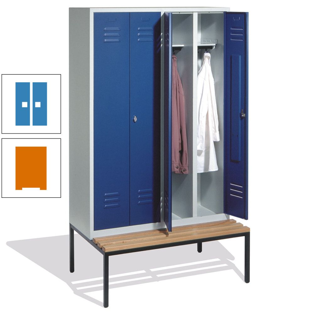 Doppel-Spindschrank, Buche Sitzbank untergebaut, 4 Abteile a 300 mm, Korpus lichtgrau, Tür anthrazitgrau, 2.090 x 1.190 x 815 mm (HxBxT)