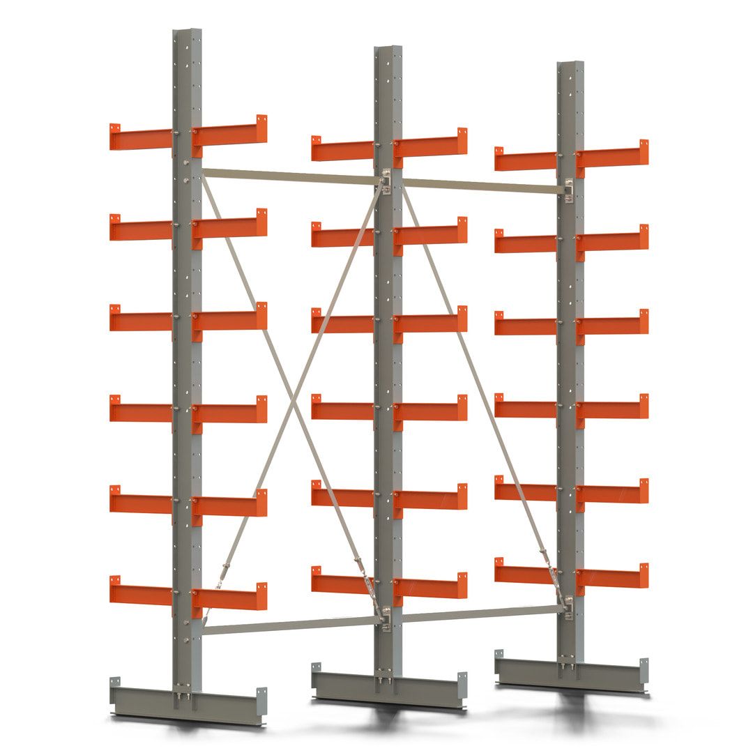 Doppelseitiges Kragarmregal, 2 Felder, 3.000 x 2.560 x 1.120 mm (HxBxT), Nutztiefe 500 mm, Kragarmlast 870 kg, KARL basic, silbergrau/reinorange