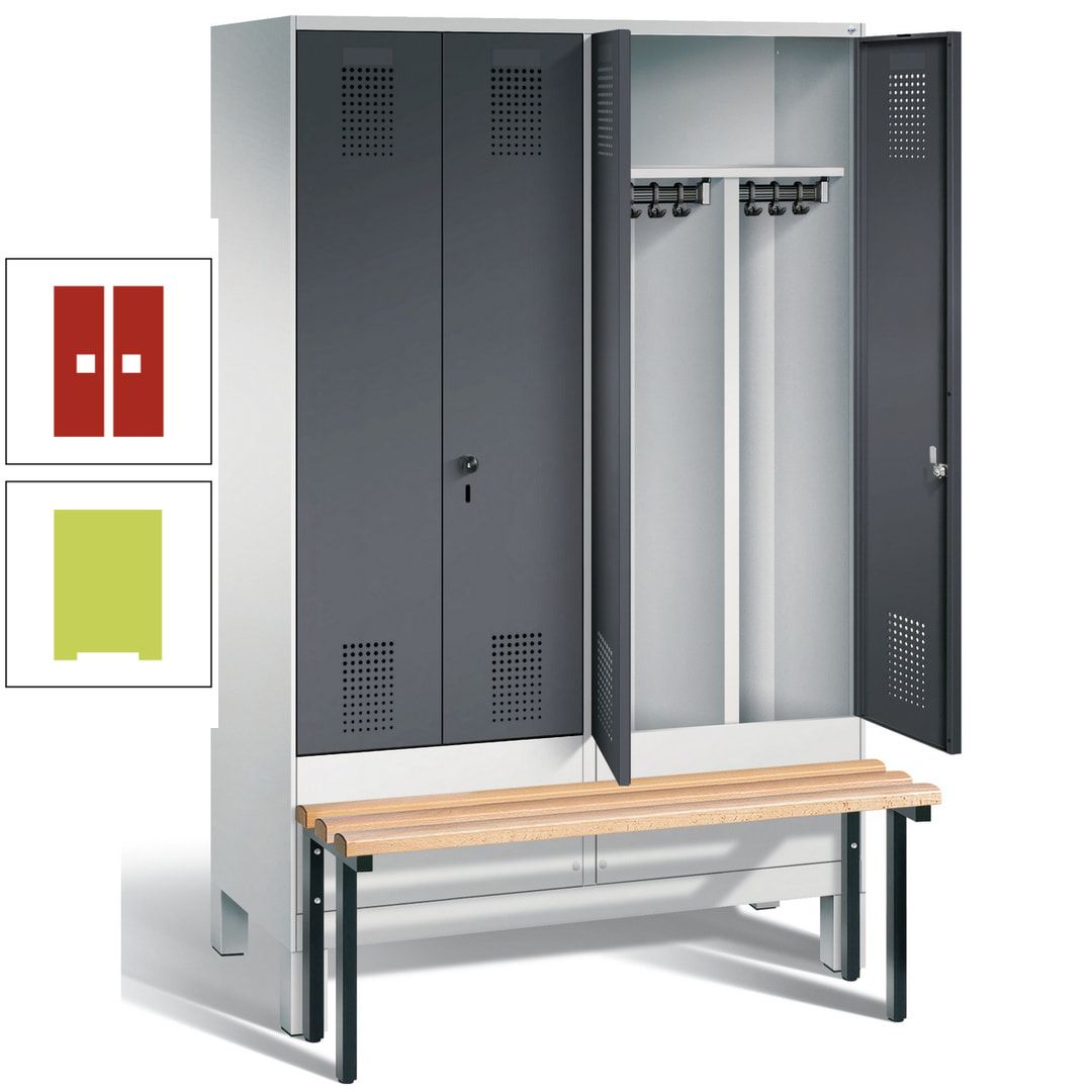 Doppel-Spind, Garderobenschrank, Buche Sitzbank vorgebaut, 4 Abteile a 300 mm, Korpus feuerrot, Tür Wasserblau, 1.850 x 1.200 x 815 mm (HxBxT)