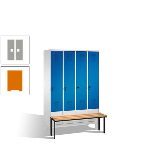 Stahl-Garderobenschrank, Spind, Buche Sitzbank vorgebaut, 4 Abteile a 300 mm, Korpus Lichtgrün, Tür Schwefelgelb, 1.850 x 1.200 x 815 mm (HxBxT)