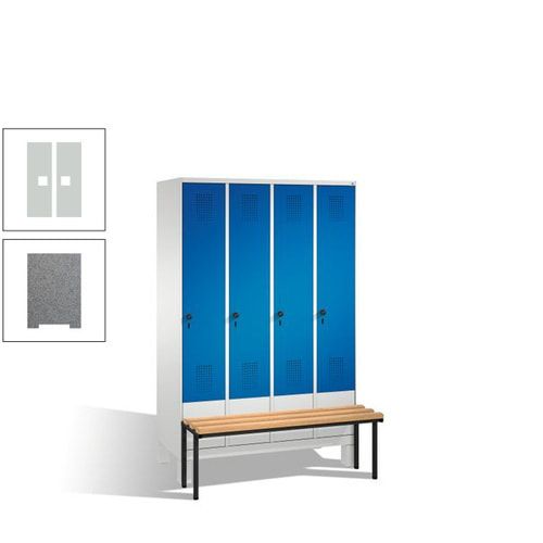 Stahl-Garderobenschrank, Spind, Buche Sitzbank vorgebaut, 4 Abteile a 300 mm, Korpus Lichtgrün, Tür Schwefelgelb, 1.850 x 1.200 x 815 mm (HxBxT)