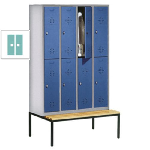 Garderobenschrank, Spind, 4 Abteile 8 Fächer, 2.090 x 1.190 x 815 mm (HxBxT), Hartholz Sitzbank untergebaut, Korpus anthrazitgrau, Türen anthrazitgrau