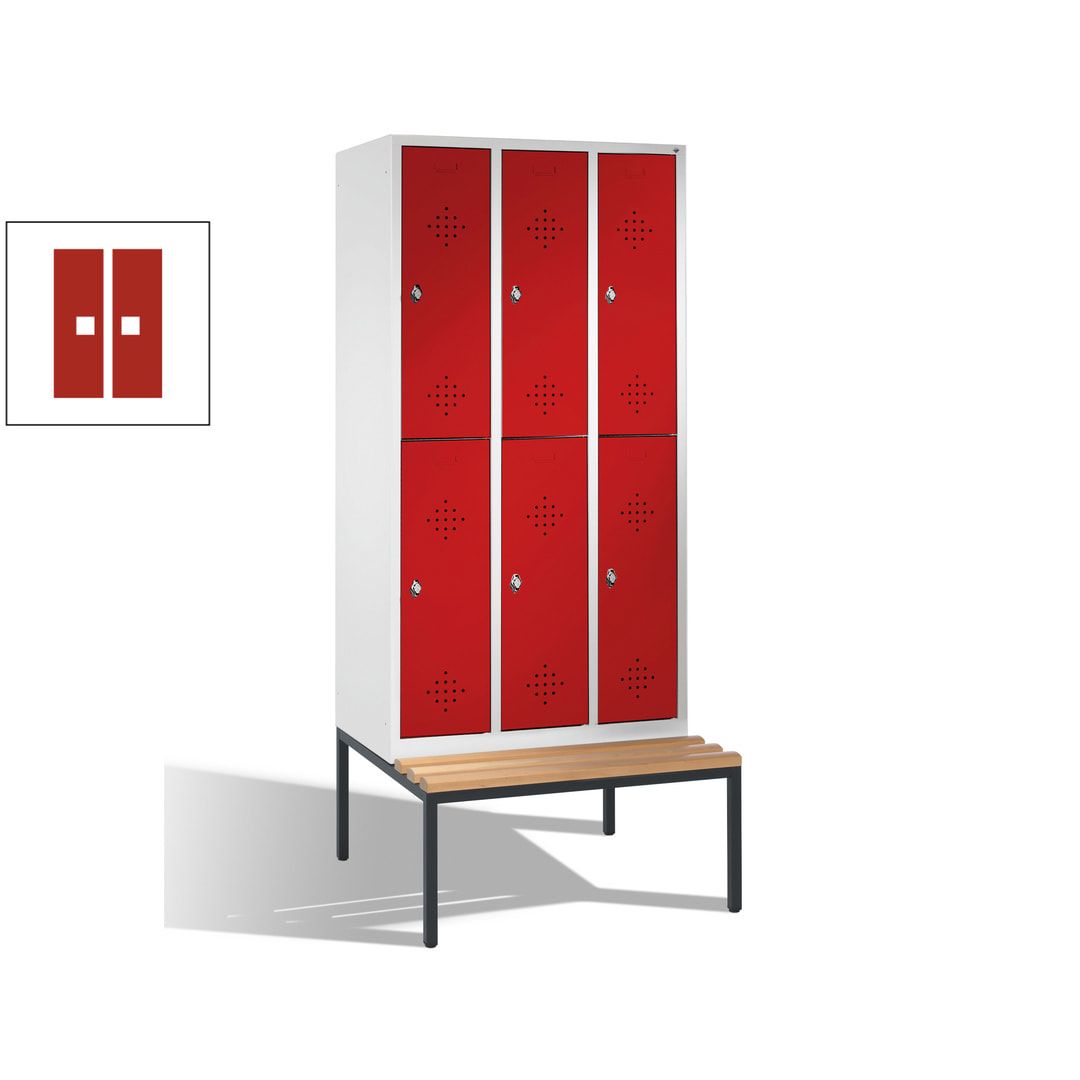 Garderobenschrank, Spind, 3 Abteile 6 Fächer, 2.090 x 1.200 x 815 mm (HxBxT), Hartholz Sitzbank untergebaut, Korpus lichtgrau, Türen anthrazitgrau