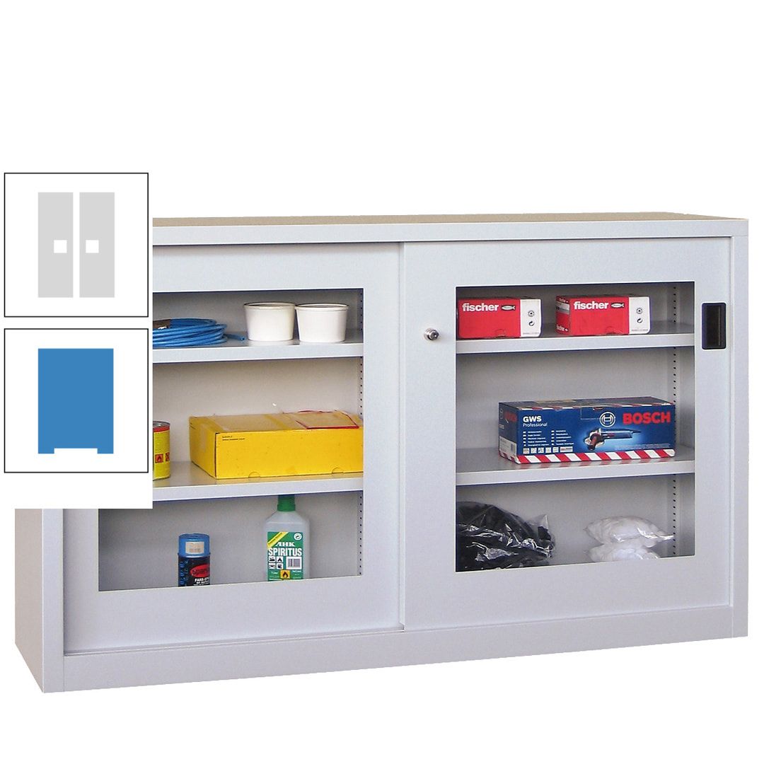 Schiebetürenschrank - Sichtfenstertüren - 1.000x1.500x600 mm (HxBxT) - 4 Böden, verzinkt - Zylinderschloss - anthrazitgrau
