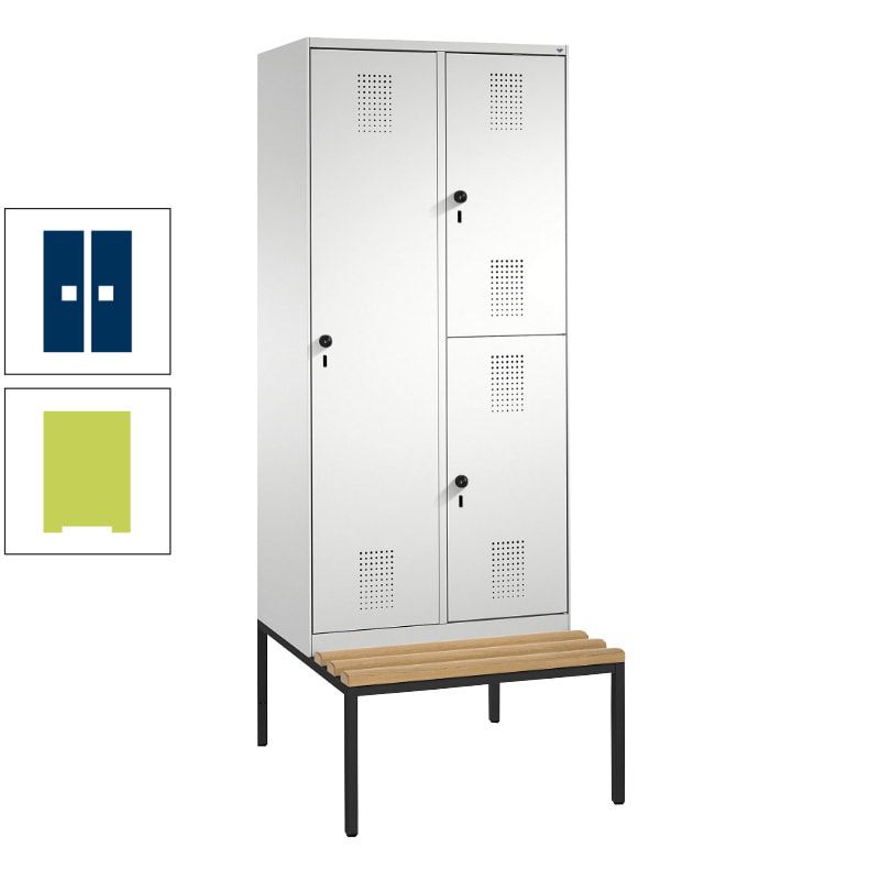 Garderobenschrank, Spind ein- und doppelstöckig Sitzbank, 2 Abteile, 3 Fächer, 2.090 x 800 x 500 mm (HxBxT), Front anthrazitgrau, Korpus anthrazitgrau