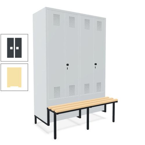 Doppel-Spind, Garderobenschrank, Buche Sitzbank integriert, 4 Abteile 300 mm, Korpus anthrazitgrau, Tür anthrazitgrau, 1.850 x 1.200 x 815 mm (HxBxT)