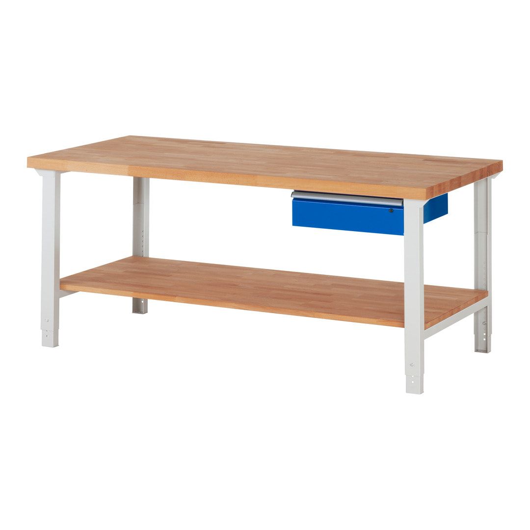 Werkbank mit Ablage - 1 Schublade - 150:1 - höhenverstellbar 790 - 1.140 mm - 2.000 x 900 mm (BxT) - 750 kg - Buche - Anthrazitgrau
