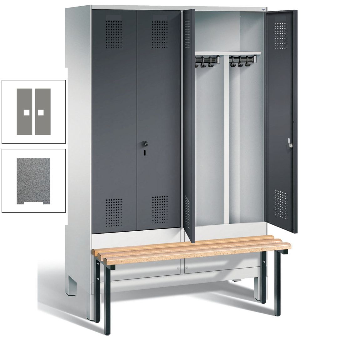 Doppel-Spind, Garderobenschrank, Buche Sitzbank vorgebaut, 4 Abteile a 300 mm, Korpus feuerrot, Tür Wasserblau, 1.850 x 1.200 x 815 mm (HxBxT)