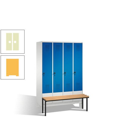 Stahl-Garderobenschrank, Spind, Buche Sitzbank vorgebaut, 4 Abteile a 300 mm, Korpus Lichtgrün, Tür Schwefelgelb, 1.850 x 1.200 x 815 mm (HxBxT)