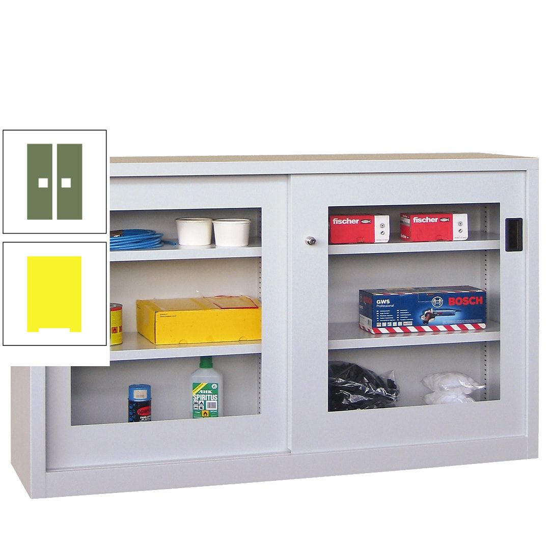 Schiebetürenschrank - Sichtfenstertüren - 1.000x1.500x600 mm (HxBxT) - 4 Böden, verzinkt - Zylinderschloss - anthrazitgrau