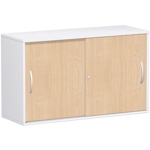 Anstell-Schiebetürenschrank, Stellfüße, 2 Ordnerhöhen, Fachboden, 720 x 1.200 x 425 mm (HxBxT), Korpus Ahorn, Front Buche