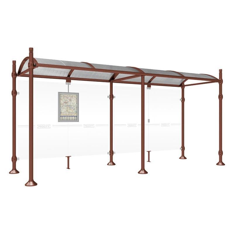 Buswartehalle, Unterstand, 2.500 x 2.500 x 1.600 mm (HxBxT), Kopfmodell Agora, ESG, Fahrplanschaukasten, Farbe enzianblau