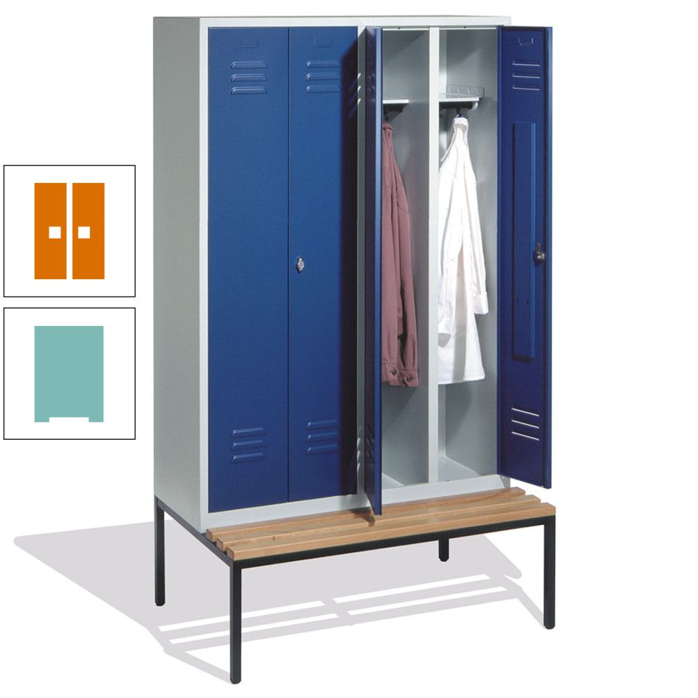 Doppel-Spindschrank, Buche Sitzbank untergebaut, 4 Abteile a 300 mm, Korpus lichtgrau, Tür anthrazitgrau, 2.090 x 1.190 x 815 mm (HxBxT)
