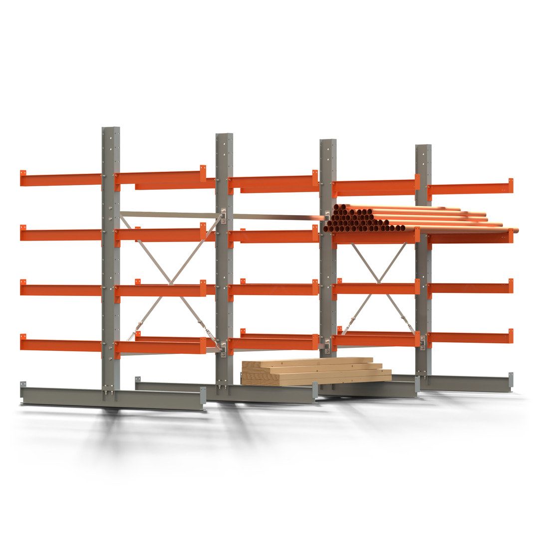 Doppelseitiges Kragarmregal, 2 Felder, 2.000 x 2.560 x 1.120 mm (HxBxT), Nutztiefe 500 mm, Kragarmlast 870 kg, KARL basic, silbergrau/reinorange
