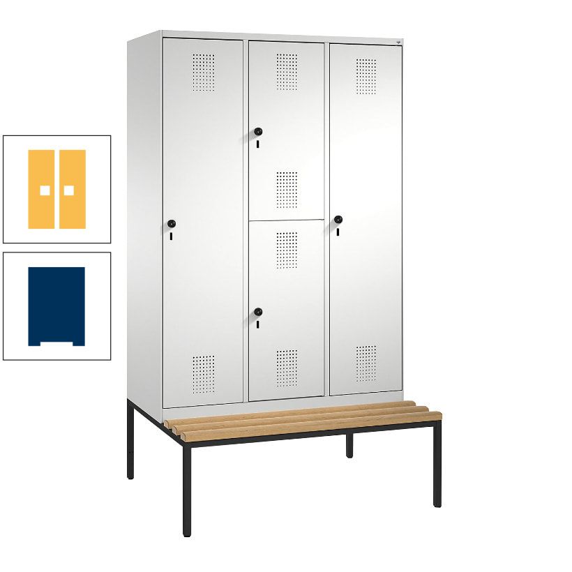 Garderobenschrank, Spind ein- und doppelstöckig Sitzbank, 3 Abteile, 4 Fächer, 2.090x1.200x500 mm (HxBxT), Front anthrazitgrau, Korpus anthrazitgrau