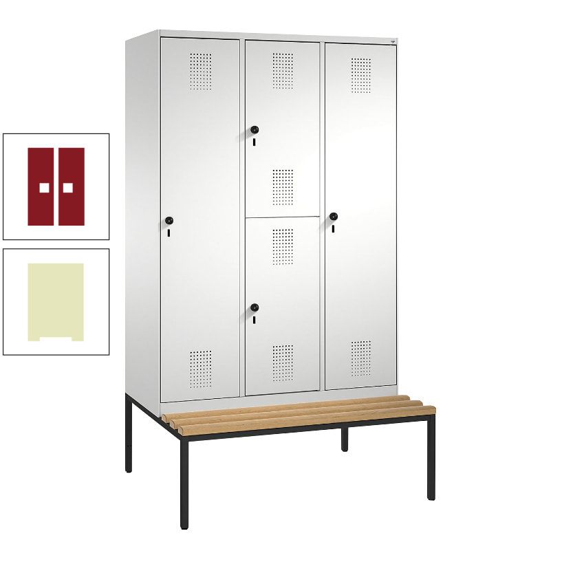 Garderobenschrank, Spind ein- und doppelstöckig Sitzbank, 3 Abteile, 4 Fächer, 2.090x1.200x500 mm (HxBxT), Front anthrazitgrau, Korpus anthrazitgrau