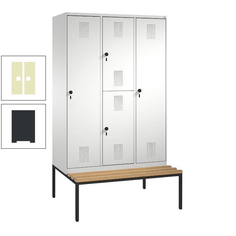 Garderobenschrank, Spind ein- und doppelstöckig Sitzbank, 3 Abteile, 4 Fächer, 2.090x1.200x500 mm (HxBxT), Front anthrazitgrau, Korpus anthrazitgrau