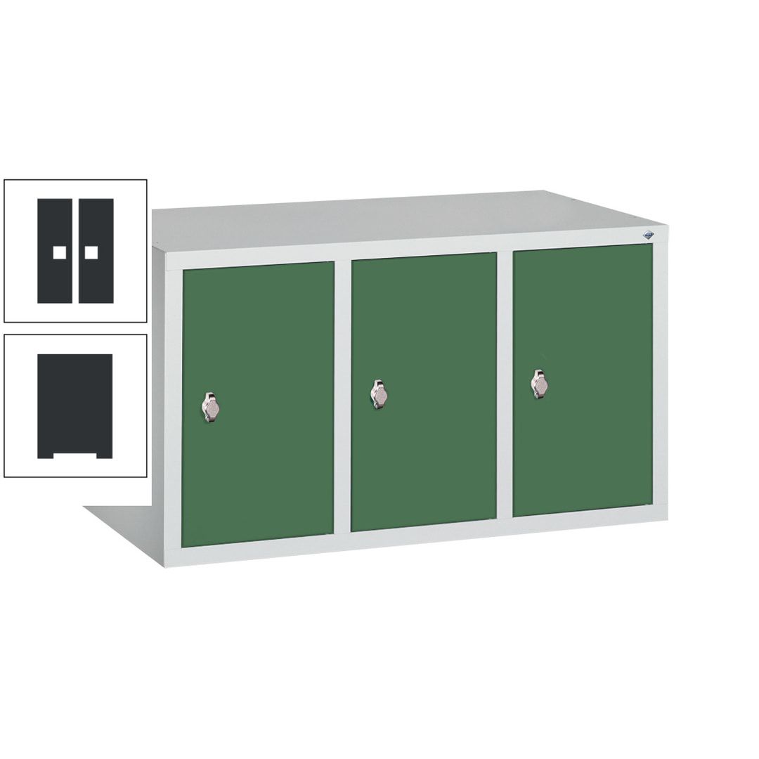 Aufsatzschrank für Spinde und Schließfachschränke, 3 Abteile, Korpus anthrazitgrau, Türen anthrazitgrau, 500 x 900 x 500 mm (HxBxT), Stahlschrank