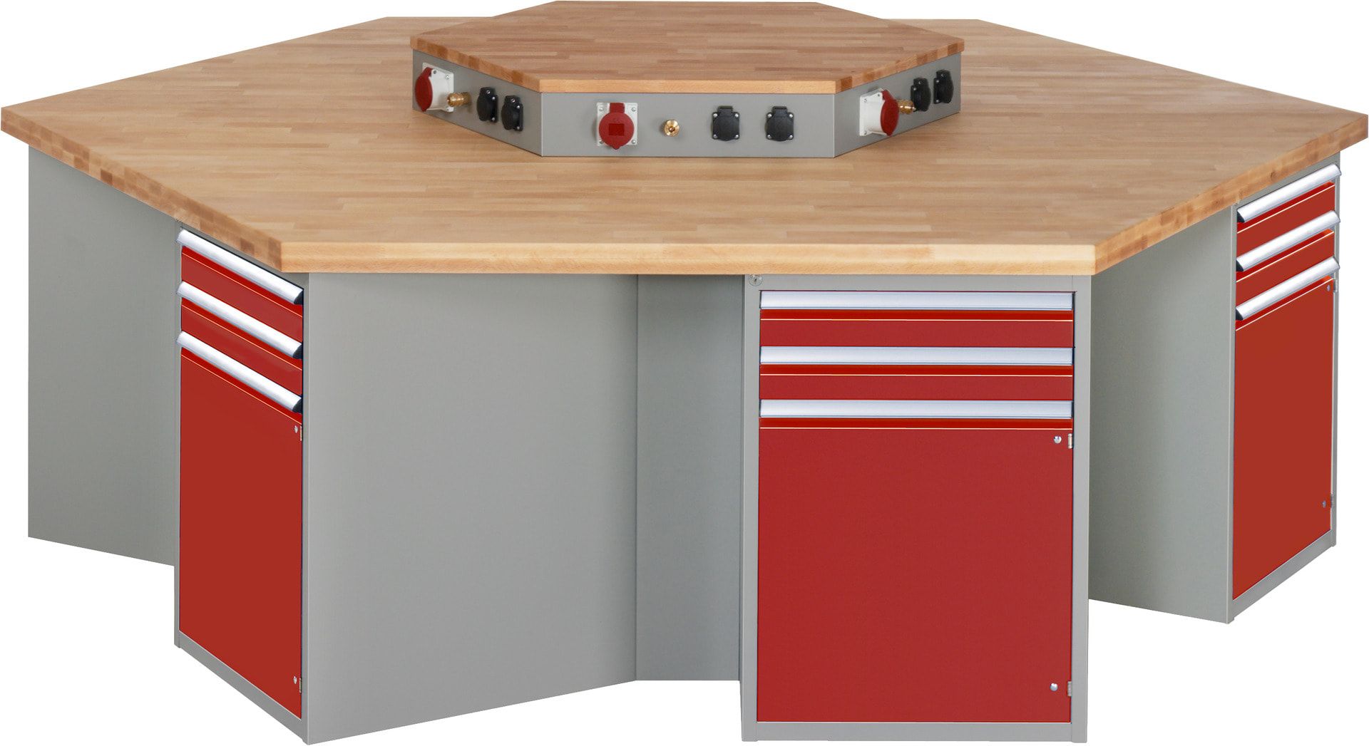 Gruppenwerkbank, Buche, Höhe 840 mm, mit Energieaufsatz, Unterbau-Container, 2 Schubladen, 1 Tür, 1 Boden - Anthrazitgrau
