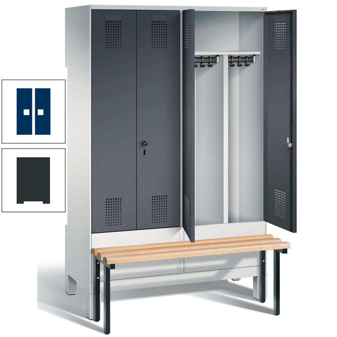 Doppel-Spind, Garderobenschrank, Buche Sitzbank vorgebaut, 4 Abteile a 300 mm, Korpus feuerrot, Tür Wasserblau, 1.850 x 1.200 x 815 mm (HxBxT)