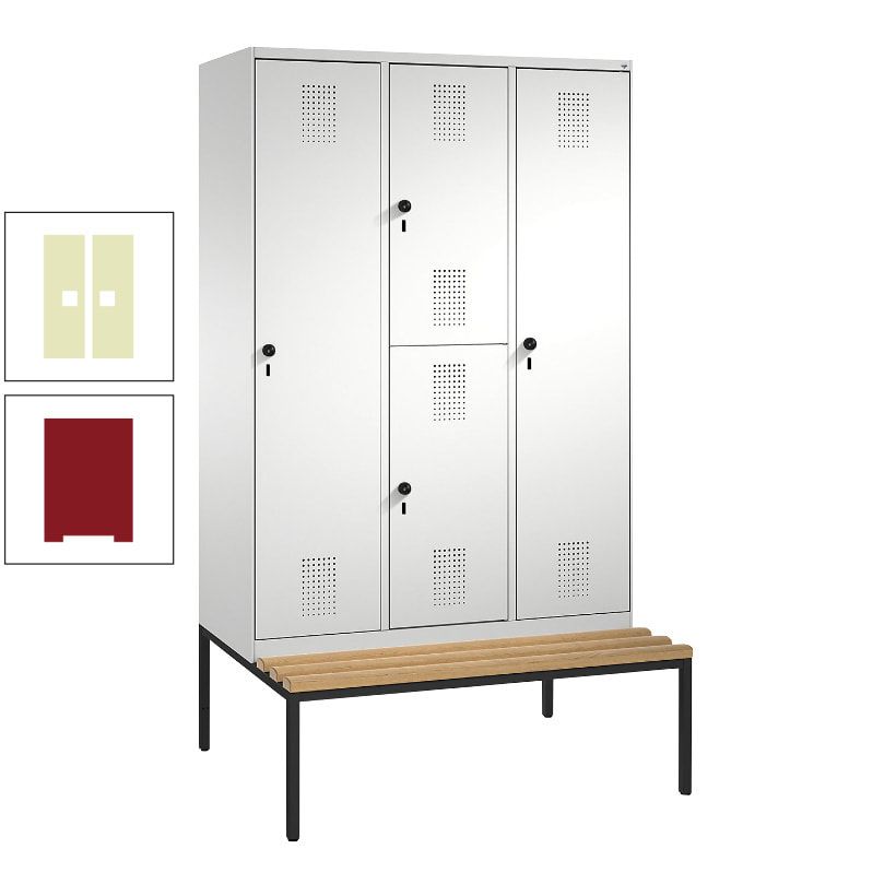 Garderobenschrank, Spind ein- und doppelstöckig Sitzbank, 3 Abteile, 4 Fächer, 2.090x1.200x500 mm (HxBxT), Front anthrazitgrau, Korpus anthrazitgrau