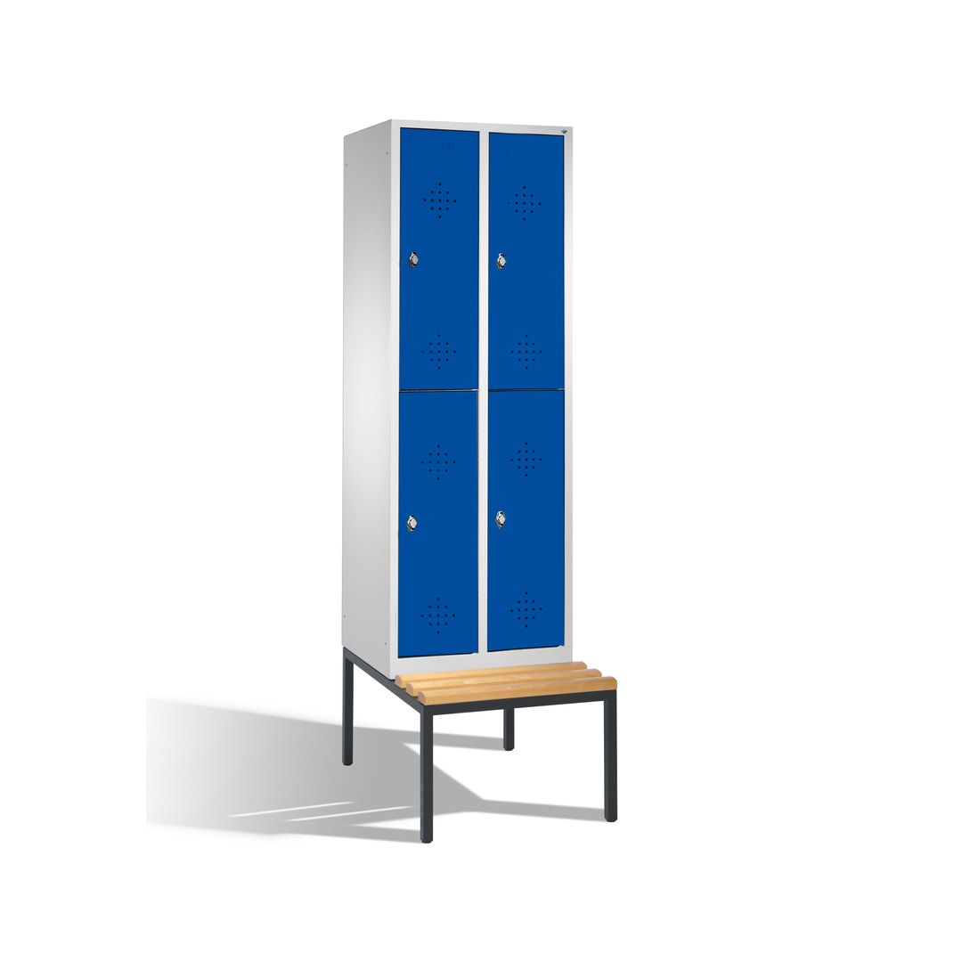Garderobenschrank, Spind, 2 Abteile, 4 Fächer, 2.090 x 610 x 815 mm (HxBxT), Hartholz Sitzbank untergebaut, Korpus weißaluminium, Türen anthrazitgrau