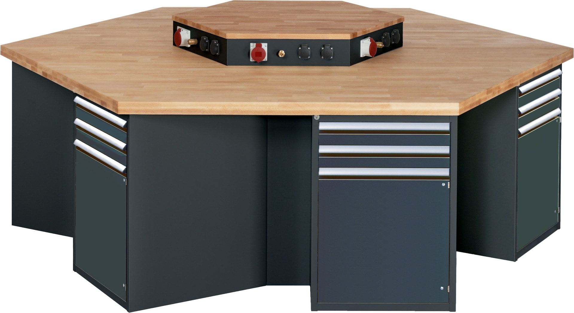 Gruppenwerkbank, Buche, Höhe 840 mm, mit Energieaufsatz, Unterbau-Container, 2 Schubladen, 1 Tür, 1 Boden - Anthrazitgrau