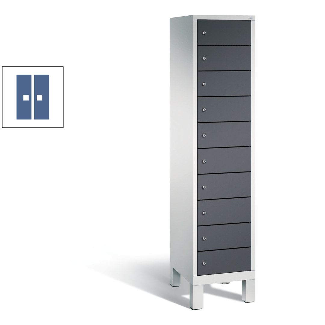 Laptopschrank, Tabletschrank, Computerschrank auf Füßen, 10 Fächer, 1.850 x 420 x 500 mm (HxBxT), Korpus gelborange, Tür anthrazitgrau