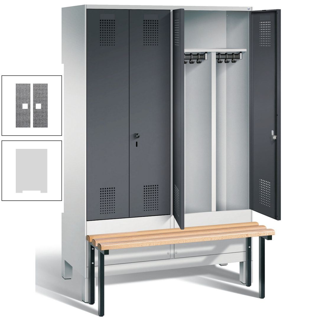 Doppel-Spind, Garderobenschrank, Buche Sitzbank vorgebaut, 4 Abteile a 300 mm, Korpus feuerrot, Tür Wasserblau, 1.850 x 1.200 x 815 mm (HxBxT)