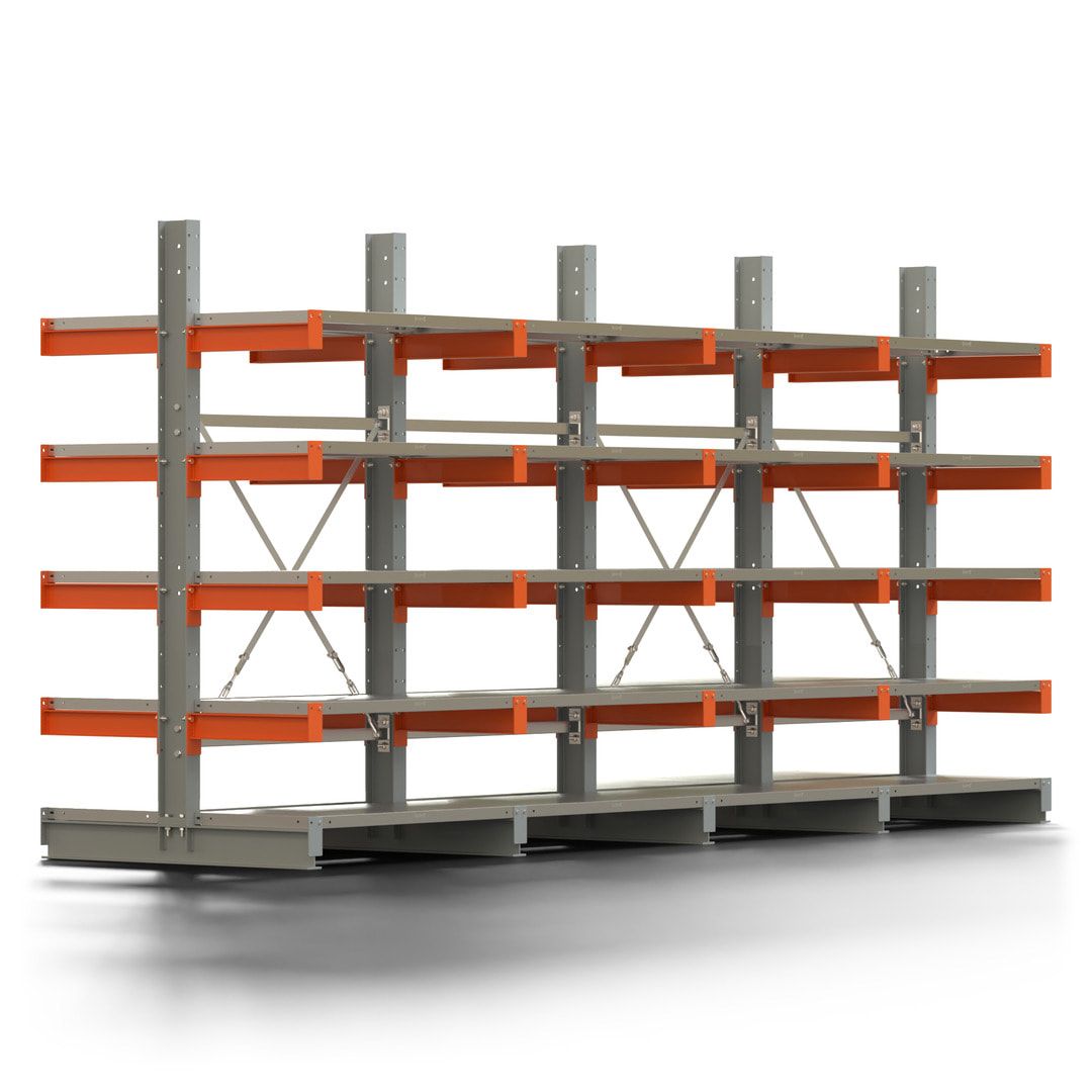 Doppelseitiges Kragarmregal mit Fachböden, 2 Felder, 2.000 x 2.000 (HxB), Nutztiefe 1.000 mm, Kragarmlast 450 kg, KARL basic, silbergrau/reinorange