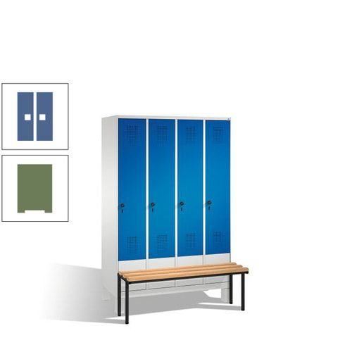 Stahl-Garderobenschrank, Spind, Buche Sitzbank vorgebaut, 4 Abteile a 300 mm, Korpus Lichtgrün, Tür Schwefelgelb, 1.850 x 1.200 x 815 mm (HxBxT)