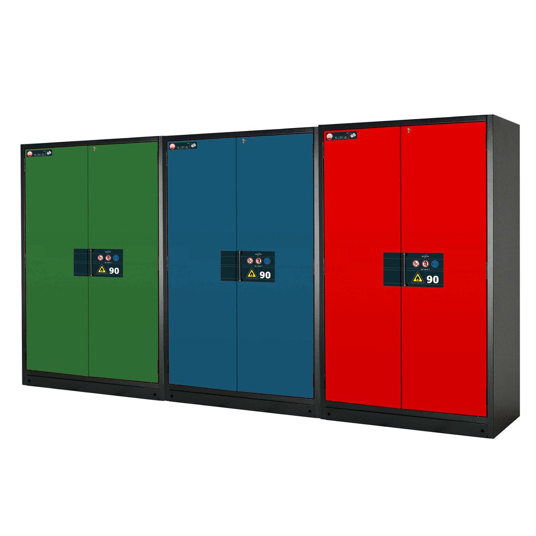 Gefahrstoffschrank - 1.953x1.193x615 mm - 2 Auszugswannen - Edelstahl - Front enzianblau