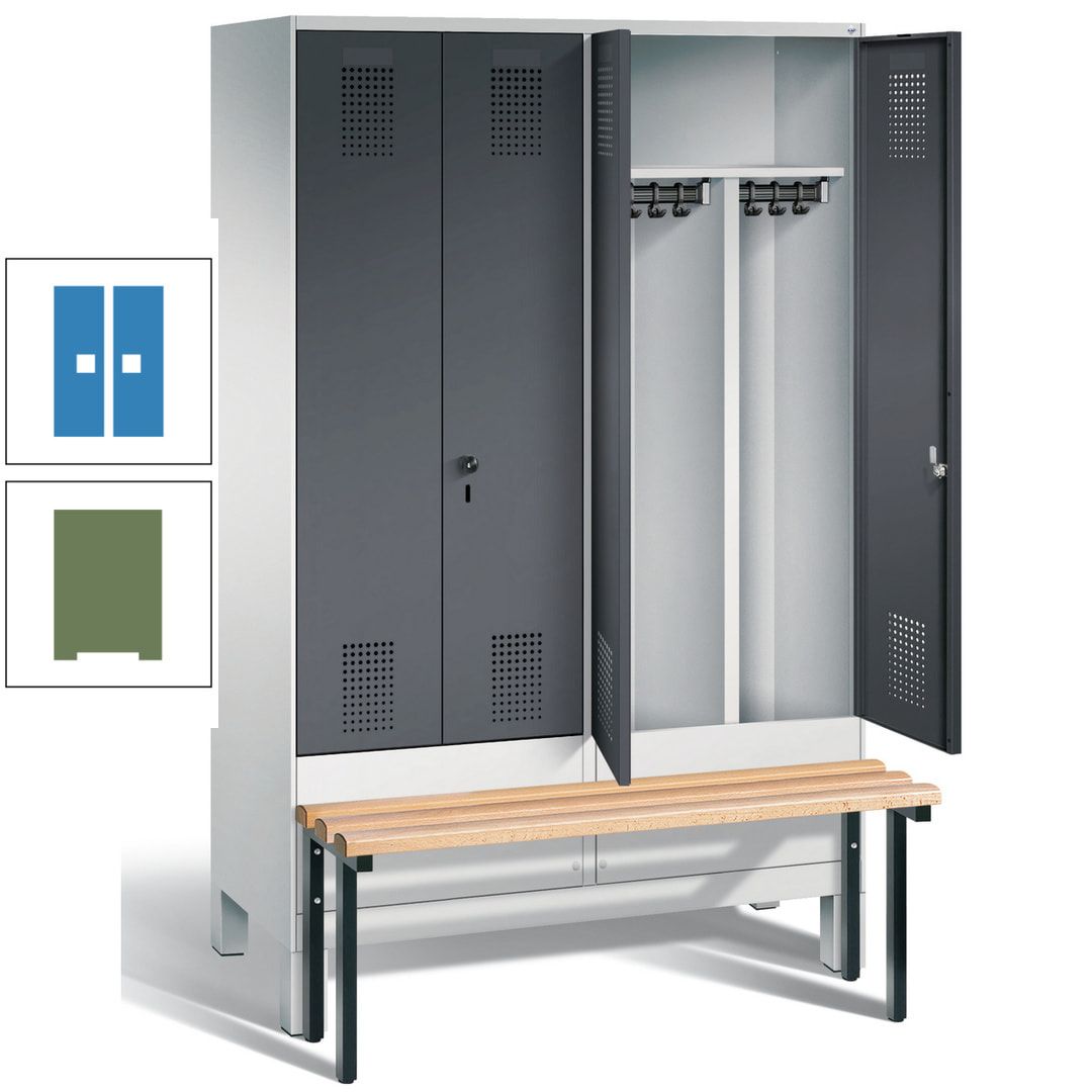 Doppel-Spind, Garderobenschrank, Buche Sitzbank vorgebaut, 4 Abteile a 300 mm, Korpus feuerrot, Tür Wasserblau, 1.850 x 1.200 x 815 mm (HxBxT)