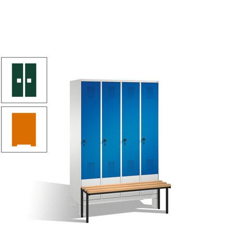 Stahl-Garderobenschrank, Spind, Buche Sitzbank vorgebaut, 4 Abteile a 300 mm, Korpus Lichtgrün, Tür Schwefelgelb, 1.850 x 1.200 x 815 mm (HxBxT)