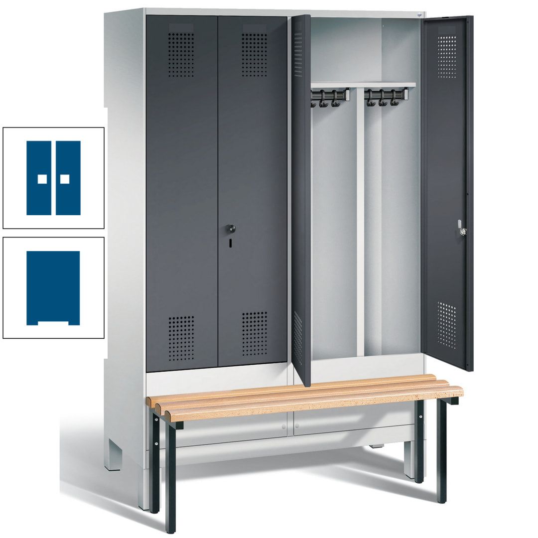 Doppel-Spind, Garderobenschrank, Buche Sitzbank vorgebaut, 4 Abteile a 300 mm, Korpus feuerrot, Tür Wasserblau, 1.850 x 1.200 x 815 mm (HxBxT)