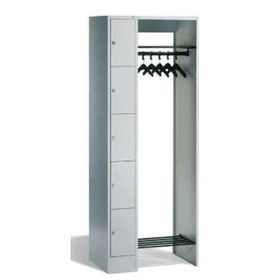 Garderobenanlage, Offene Garderobe mit Spindschrank, 5 Fächer, links, Korpusfarbe lichtgrau, Türfarbe wählbar, 1.950 x 740 x 480 mm (HxBxT)